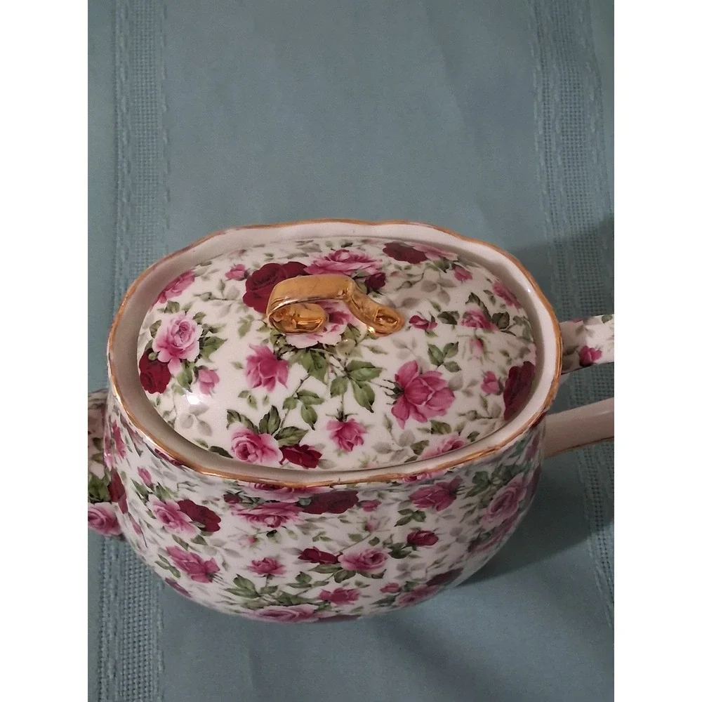 Formalities by Baum Bros Victorian Rose Chintz Teapot Pink Floral gold trim - Picture 2 of 7